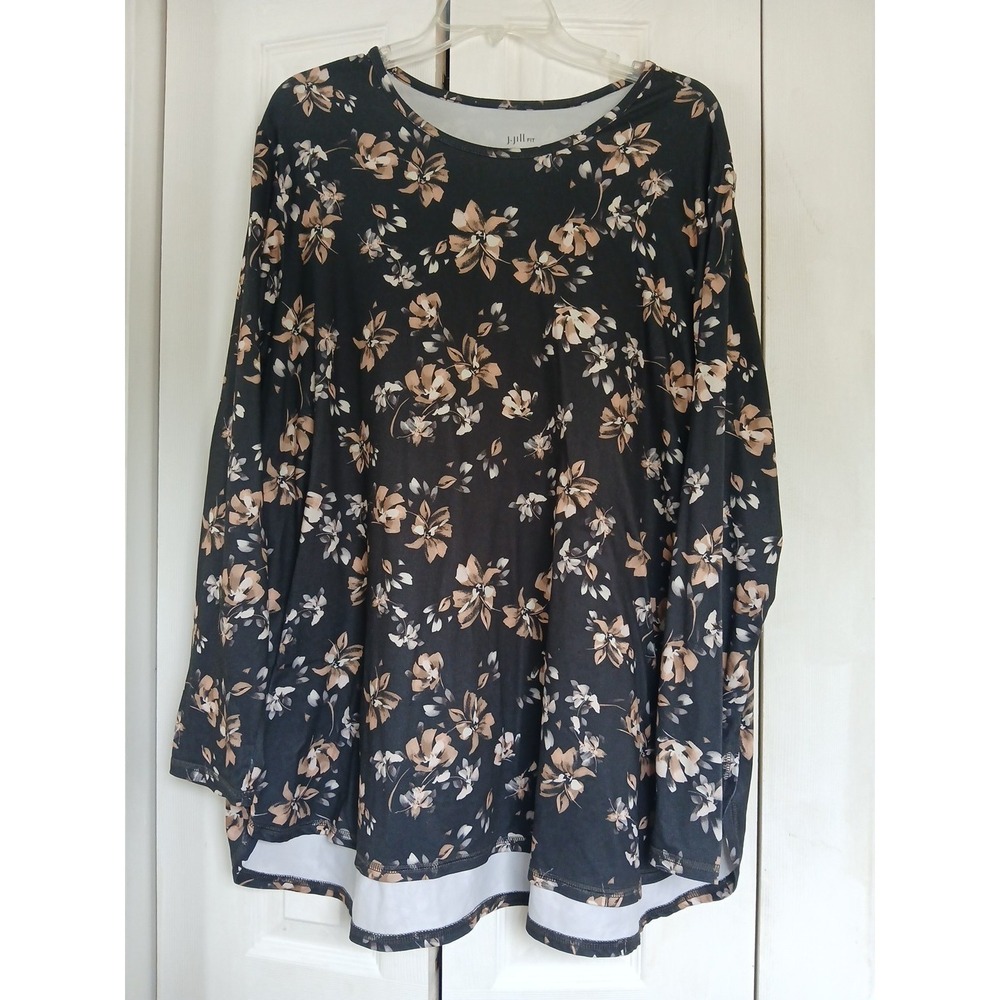 J. Jill FIT Performance Long Sleeve Tee Size 2X Black Floral Scoop‎ Neck